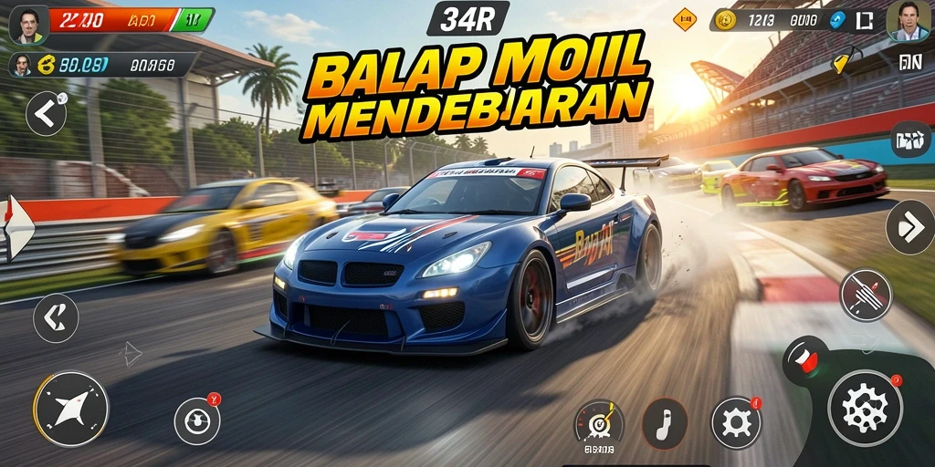 Screenshot gameplay 34R dengan balapan mobil yang mendebarkan.