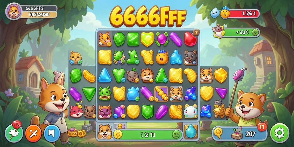 Screenshot utama 666FF menampilkan gameplay Match-3 yang penuh warna.
