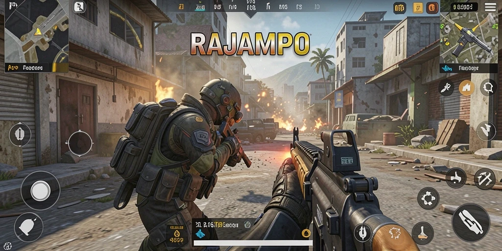 Screenshot gameplay RAJAMPO dengan aksi tembak-menembak intens.