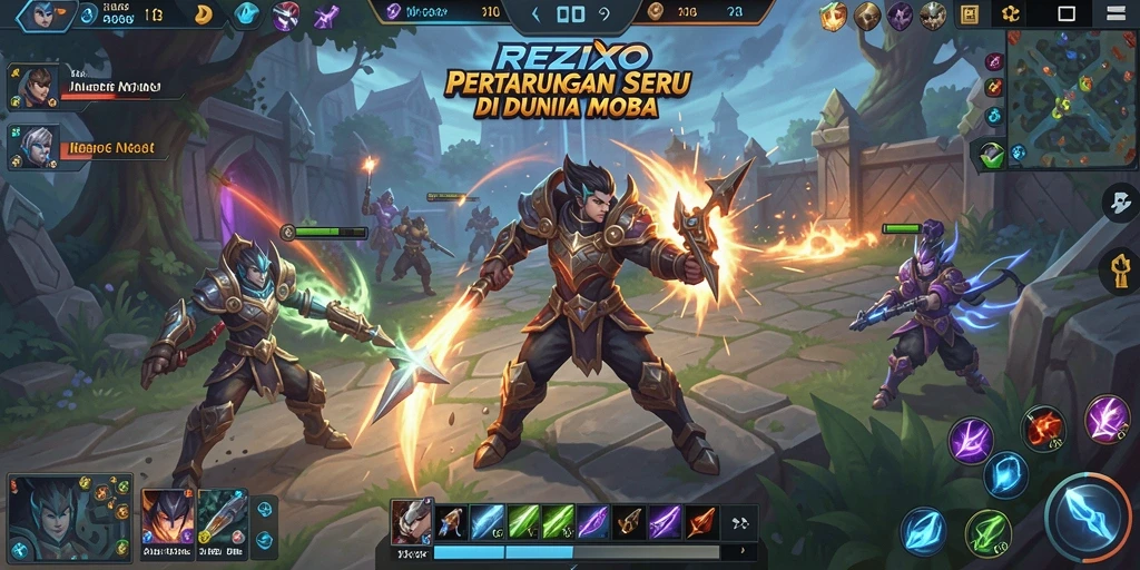 Screenshot gameplay <strong>REZIXO</strong> menampilkan aksi seru dalam pertarungan MOBA.